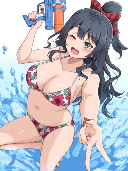 1girl ;d bare_arms bikini black_hair bow breasts cleavage collarbone commentary_request floral_print floral_print_bikini grey_eyes hair_bow highres holding holding_water_gun large_breasts long_hair love_live! love_live!_nijigasaki_high_school_idol_club momo_mochi_(favk5328) navel one_eye_closed open_mouth print_bikini red_bow sidelocks smile solo standing swimsuit v water_gun white_bikini yuki_setsuna