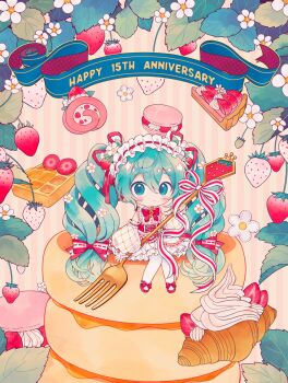 1girl bare_shoulders blue_eyes blue_hair blush_stickers bow bowtie chibi chibi_only closed_mouth commentary cream croissant detached_sleeves dress food fork frilled_hairband frills fruit full_body hair_between_eyes hair_ribbon hairband happy_anniversary hatsune_miku highres holding holding_fork inomo_(qimoshu) leaf long_hair looking_at_viewer oversized_object pancake pancake_stack pantyhose puffy_detached_sleeves puffy_sleeves red_bow red_bowtie red_hairband red_ribbon red_shoes ribbon shoes sitting solo strawberry strawberry_miku_(morikura) twintails vocaloid waffle white_dress white_pantyhose