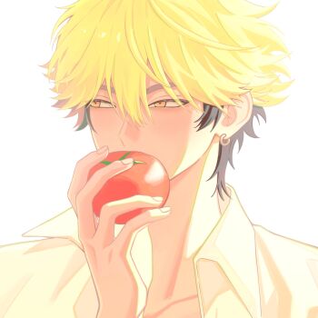 Rule 34 | 1boy, black hair, blonde hair, blush, collared shirt, earrings, eating, food, fruit, hair between eyes, hand up, highres, holding, holding food, holding fruit, inplick (style), jewelry, looking to the side, male focus, multicolored hair, official style, portrait, shiguang dailiren, shirt, short hair, simple background, solo, tomato, two-tone hair, upper body, white background, white shirt, xia fei, yellow eyes, yier192