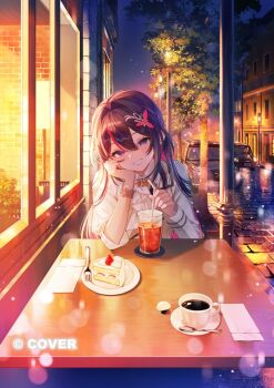 1girl ascot ayame_(3103942) azki_(4th_costume)_(hololive) azki_(hololive) black_hair cake car coffee collared_dress colored_inner_hair commentary_request double-parted_bangs dress drinking_straw food grey_jacket hair_intakes hair_ornament hairclip half-jacket holding holding_drinking_straw hololive jacket long_hair looking_at_viewer mole mole_under_eye motor_vehicle multicolored_hair night official_art outdoors pink_hair pink_streaks pov purple_eyes sidelocks solo strawberry_shortcake streaked_hair table three-quarter_sleeves virtual_youtuber white_ascot white_dress white_streaks