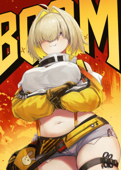 Rule 34 | 1girl, :3, absurdres, ahoge, animal print, bag, blonde hair, blush stickers, breasts, closed mouth, colored inner hair, commentary request, cowboy shot, crop top, cropped sweater, crossed arms, cutoffs, elegg (nikke), explosion, explosion background, fang, fang out, fingerless gloves, gabang, gloves, gluteal fold, goddess of victory: nikke, grey shorts, hair intakes, hair over eyes, highres, huge breasts, long sleeves, looking at viewer, multicolored gloves, multicolored hair, navel, plump, puffy sleeves, purple eyes, rabbit print, short hair, short shorts, shorts, skindentation, solo, sparkling eyes, standing, suspenders, sweater, thigh strap, thighs, two-tone hair