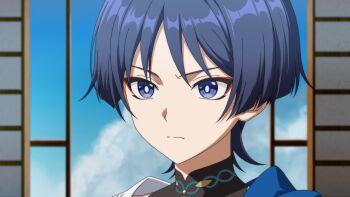 1boy anime_coloring black_bodysuit blue_cape blue_sky blunt_ends bodysuit bright_pupils cape closed_mouth cloud cloudy_sky eyeliner eyeshadow furrowed_brow genshin_impact grey_hair highres indoors light_frown looking_past_viewer makeup making-of_available male_focus mandarin_collar multicolored_hair portrait purple_eyes purple_hair red_eyeliner red_eyeshadow ren_hasu scaramouche_(genshin_impact) shoulder_peek sky solo split_mouth streaked_hair wanderer_(genshin_impact) white_pupils white_sleeves window wispy_bangs