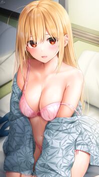1girl absurdres ahoge armpit_crease bare_shoulders bed_sheet blonde_hair blonde_hair-chan_(ramchi) blush bow bow_bra bra breasts cleavage collarbone fang hair_between_eyes highres indoors japanese_clothes kimono large_breasts long_hair looking_at_viewer navel off_shoulder on_bed open_clothes open_kimono original panties parted_lips partially_undressed pillow pink_bra pink_panties ramchi red_eyes side-tie_panties side-tie_peek sitting skin_fang stomach strap_slip sweat tatami underwear yukata