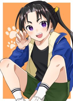 Rule 34 | 1boy, androgynous, black hair, black shirt, blue jacket, border, green shorts, hand up, highres, houjou tokiyuki (nige jouzu no wakagimi), jacket, knees up, long hair, long sleeves, looking at viewer, male focus, nige jouzu no wakagimi, norimi (01norimi28), open clothes, open jacket, open mouth, orange background, ponytail, purple eyes, shirt, shorts, smile, socks, solo, white border, white socks