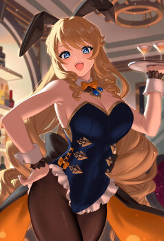 1girl absurdres animal_ears bar_(place) blonde_hair blue_eyes bow bowtie breasts brown_pantyhose cleavage cocktail_glass commentary_request cup detached_collar drinking_glass genshin_impact hand_on_own_hip highres holding holding_tray large_breasts leotard long_hair mal_to_mal navia_(genshin_impact) orange_bow orange_bowtie pantyhose playboy_bunny rabbit_ears strapless strapless_leotard tray waist_bow wrist_cuffs