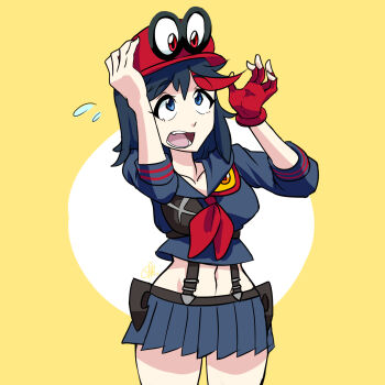 1girl black_hair blue_eyes cappy_(mario) crossover gloves hands_up hat highres kill_la_kill looking_up mario_(series) matoi_ryuuko midriff multicolored_hair nintendo open_mouth red_glove red_hair school_uniform senketsu serafuku short_hair simple_background single_glove super_mario_odyssey suspenders sweatdrop trait_connection triple-q two-tone_hair worried yellow_background