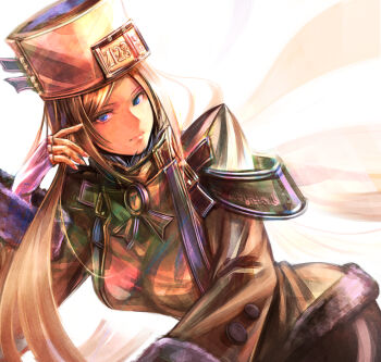 1girl black_pantyhose blonde_hair blue_eyes breasts coat commentary fingerless_gloves fur_trim gloves guilty_gear guilty_gear_xrd hand_in_own_hair hat license_plate long_hair long_sleeves medium_breasts millia_rage pantyhose sidelocks solo sushi_(sashimise) swept_bangs very_long_hair white_background white_gloves yellow_coat yellow_hat