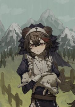 1boy animal_ears baby_animal bear_ears belt black_dress blue_sky braid brown_belt brown_hair chinese_commentary commentary_request cross crossdressing crossdressing_(mtf) day dianbo635 dress highres lamb long_hair male_focus millerrhan mountain multicolored_hair nun outdoors procreate_(medium) real_life red_eyes sheep single_braid sky solo streaked_hair trap veil