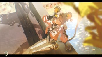 1girl absurdres arm_up artist_logo black_gloves black_hairband black_shirt bodysuit breasts brown_hair commentary commentary_request day english_commentary fingerless_gloves from_above fur-trimmed_jacket fur_trim gloves hair_intakes hair_rings hairband highres hood hood_down hooded_jacket jacket letterboxed logo looking_at_viewer looking_up lumi_(wuthering_waves) mechanical_tail medium_breasts medium_hair mixed-language_commentary open_clothes open_jacket outdoors partial_commentary pink_eyes pink_jacket qurami shirt single_leg_bodysuit smile solo tacet_mark_(wuthering_waves) tail white_bodysuit wuthering_waves