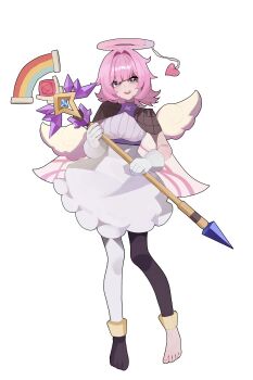 Rule 34 | 1girl, absurdres, aged up, angel wings, asymmetrical legwear, black thighhighs, blue eyes, breasts, commentary request, dress, elf elysia, gloves, halo, highres, honkai (series), honkai impact 3rd, korean commentary, large breasts, looking at viewer, mismatched legwear, nareusii, pink hair, short hair, simple background, single bare foot, smile, solo, thighhighs, toes, white background, white dress, white gloves, white thighhighs, white wings, wings