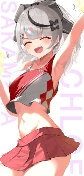 :d absurdres arm_up armpits bandaid bandaid_hair_ornament bare_shoulders black_bow black_hair bow cheerleader closed_eyes commentary_request dot_nose ear_piercing english_text fang grey_hair hair_ornament highres hololive light_blush long_hair midriff multicolored_hair navel nema_029 open_mouth piercing pleated_skirt pom_pom_(cheerleading) ponytail red_eyes red_skirt sakamata_chloe skirt smile virtual_youtuber x_hair_ornament