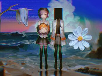 2girls 5e35rika a.i._voice adachi_rei android bare_tree beach beret black_boots black_hat black_pantyhose black_shirt black_skirt blue_screen_of_death blue_sky blurry boots cable clock cloud cumulonimbus_cloud day detached_sleeves english_text expressionless floating flower gradient_sky green_outline grey_skirt hat headlamp highres holding_detached_head jacket kikaijima_(utau) looking_at_viewer machinery multiple_girls ocean one_side_up open_clothes open_jacket orange_eyes orange_hair outdoors outline pantyhose pink_sky pleated_skirt purple_eyes purple_hair scanlines severed_head shirt shoes short_hair side-by-side skirt sky sleeveless sleeveless_shirt sneakers straight-on surreal the_persistence_of_memory thigh_boots tree utane_uta utau waves white_flower white_jacket white_shirt
