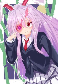 1girl :3 absurdres animal_ears aoi_1013ss bamboo black_jacket blazer blush border buttons closed_mouth collared_shirt commentary cowboy_shot flaming_eye grey_skirt hair_between_eyes heterochromia highres jacket long_hair long_sleeves looking_at_viewer miniskirt necktie outside_border pleated_skirt purple_background purple_eyes purple_hair rabbit_ears rabbit_girl red_eyes red_necktie reisen_udongein_inaba shirt skirt smile solo touhou very_long_hair white_border white_shirt
