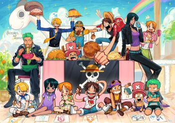 2girls 5boys ^_^ aged_down antlers black_hair blonde_hair blue_eyes blue_shirt blunt_bangs blush boat bowl child closed_eyes cup drawing_(action) drawing_(object) food going_merry green_hair hair_over_one_eye hashtag-only_commentary hat highres holding holding_bowl holding_cup holding_food horns indian_style jolly_roger ki2ri5 long_nose meat monkey_d._luffy mouse_(animal) multiple_boys multiple_girls nami_(one_piece) nico_robin one_piece orange_eyes orange_hair outdoors overalls pink_hat rainbow reindeer_antlers roronoa_zoro sanji_(one_piece) shirt short_hair sitting smile straw_hat straw_hat_pirates straw_hats_jolly_roger tongue tongue_out tony_tony_chopper usopp vest watercraft wristband