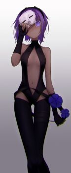 1girl bare_shoulders black_gloves black_hairband black_leotard breasts center_opening dark-skinned_female dark_skin fate/grand_order fate_(series) fingerless_gloves gloves hairband hassan_of_serenity_(fate) highres leggings leotard looking_at_viewer mask medium_breasts navel purple_eyes purple_hair short_hair sidelocks skull_mask solo yubeshi_(zecxl)