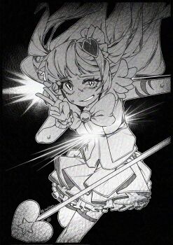 1girl arm_tattoo bow bowtie floating_hair greyscale grin hand_up highres layered_skirt lobotomy_corporation long_hair looking_at_viewer monochrome nervous_sweating petticoat project_moon queen_of_hatred simple_background skirt smil smile solo suillus sweat tattoo thighhighs two_side_up v very_long_hair wide-eyed winged_sleeves