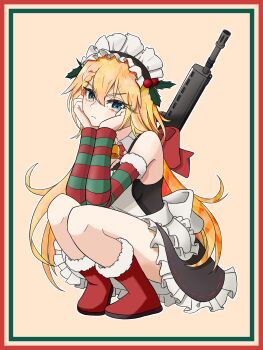 1girl absurdres alternate_costume apron assault_rifle bare_shoulders bell black_dress blonde_hair blue_eyes boots braid breasts christmas_ornaments dress frilled_dress frills frown full_body g36_(girls'_frontline) girls'_frontline gun hands_on_own_cheeks hands_on_own_face highres kdthegreen long_hair looking_at_viewer maid_headdress medium_breasts neck_bell rifle single_braid sleeveless sleeveless_dress solo squatting very_long_hair weapon weapon_on_back white_apron