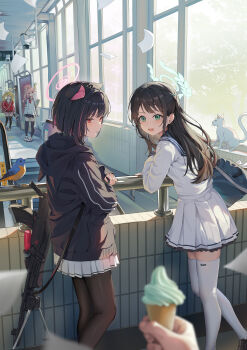 Rule 34 | 1other, 4girls, absurdres, airi (blue archive), animal ear fluff, animal ears, bird, black pantyhose, black thighhighs, blonde hair, blue archive, bluebird, bren lmg, brown hair, cardigan, cat, commentary request, flying paper, food, green eyes, gun, halo, highres, hokori sakuni, holding, holding ice cream cone, ice cream, ice cream cone, indoors, jacket, kazusa (blue archive), light machine gun, long hair, looking to the side, machine gun, medium hair, multiple girls, natsu (blue archive), open mouth, pantyhose, paper, pink hair, pleated skirt, pov, pov hands, red eyes, sailor collar, school uniform, serafuku, shirt, side ponytail, skindentation, skirt, thighhighs, twintails, very long hair, weapon, white cat, white serafuku, white shirt, white thighhighs, window, yoshimi (blue archive), zettai ryouiki