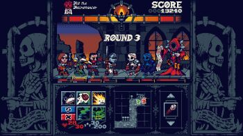 2boys absurdres armor aseprite_(medium) bandana baronvonfoo book boots coat commentary crusader_(darkest_dungeon) darkest_dungeon english_commentary gameplay_mechanics gloves helm helmet highres highwayman_(darkest_dungeon) holding hood hood_up knife knight multiple_boys multiple_girls necromancer nun pixel_art plague_doctor_(darkest_dungeon) plague_doctor_mask potion scarf short_hair skeleton sword tabard the_iron_crown_(darkest_dungeon) vestal_(darkest_dungeon) weapon