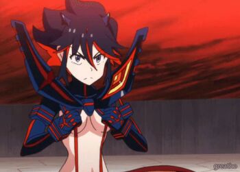 10s 1girl animated animated_gif black_hair bouncing_breasts breasts female_focus kill_la_kill lowres matoi_ryuuko multicolored_hair nipples nude_filter red_hair revealing_clothes senketsu short_hair solo strap_pull third-party_edit two-tone_hair underboob watermark