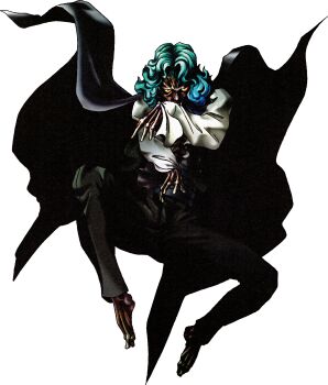 Rule 34 | 1boy, absurdres, barefoot, black cape, black eyes, black pants, blue hair, cape, colored sclera, cummerbund, demon (megami tensei), devil summoner: soul hackers, devil summoner (series), highres, kazuma kaneko, kudlak (megami tensei), official art, orange sclera, pants, solo, third-party source, transparent background, vampire, vest