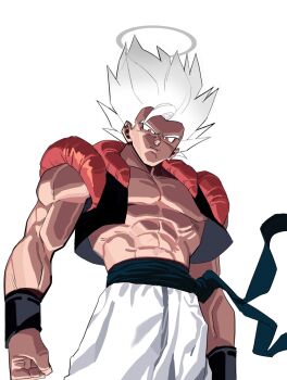 1boy alternate_color black_sash black_vest clenched_hand cowboy_shot dragon_ball dragonball_z gogeta grey_hair grey_halo halo highres male_focus metamoran_vest muscular muscular_male no_shirt pants red_eyes sash simple_background solo spiked spiked_hair super_saiyan super_saiyan_1 tirano_tenchou traditional_halo vest white_background white_pants
