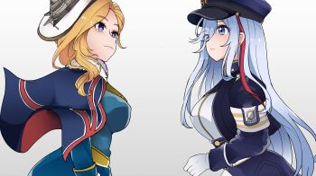 2girls 86_-eightysix- absurdres ascot azur_lane belt blonde_hair blue_capelet blue_eyes blue_jacket blush breasts capelet closed_mouth commentary commission crossover english_commentary frilled_ascot frills from_side fur-trimmed_jacket fur_trim gloves grey_eyes grey_hair hair_between_eyes hair_over_shoulder hat highres hood_(azur_lane) jacket large_breasts light_frown long_hair long_sleeves lsheng medium_breasts military military_hat military_jacket military_uniform multiple_girls pixiv_commission simple_background single_hair_streak standing tilted_headwear union_jack union_jack_print upper_body vladilena_millize white_background white_belt white_gloves white_hair white_hat
