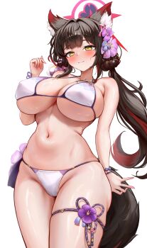 1girl absurdres animal_ear_fluff animal_ears bare_arms bikini black_hair blue_archive blush breasts closed_mouth cowboy_shot flower fox_ears fox_girl fox_tail hair_flower hair_ornament halo highres large_breasts long_hair navel red_hair red_halo simple_background solo stomach swimsuit tail usagol7 wakamo_(blue_archive) wakamo_(swimsuit)_(blue_archive) white_background