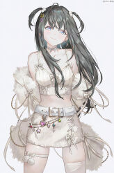 1girl bare_shoulders belt black_hair blue_eyes blush breasts choker closed_mouth collarbone crop_top earrings frilled_skirt frills fur_trim hair_ornament highres hoop jewelry long_hair looking_at_viewer midriff original oto1_030 shrug_(clothing) simple_background skirt smile solo tank_top thighhighs white_background white_choker white_tank_top white_thighhighs