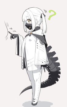 1girl ? absurdres black_mask black_ribbon black_tail blue_archive blush_stickers breasts coat colored_skin commentary ein_(blue_archive) from_side hair_ribbon highres long_sleeves mask mechanical_hands mechanical_tail poking respirator ribbon romu851170 segmented_tail simple_background small_breasts solo symbol-shaped_pupils tail white_coat white_hair white_skin x-shaped_pupils yellow_eyes