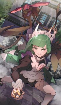 1girl apron black_romper blunt_bangs bow bowtie braid braided_ponytail brown_eyes colored_sclera commentary_request dragalge fish gen_6_pokemon green_hair highres holding holding_poke_ball juliet_sleeves leafy_seadragon lebanne_(pokemon) long_braid long_hair long_sleeves looking_at_viewer maid maid_apron maid_headdress mega_stone mineta_naoki nintendo open_mouth poke_ball pokemon pokemon_(creature) pokemon_legends:_z-a puffy_sleeves red_sclera romper seahorse sharp_teeth teeth thighhighs tsurime ultra_ball white_bow white_bowtie white_thighhighs