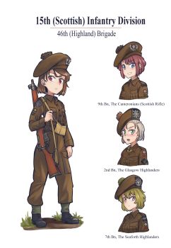 3girls absurdres arm_at_side beret black_boots blonde_hair blue_eyes blush bolt_action boots breast_pocket british_army brown_hair brown_hat brown_pants brown_shirt buttons closed_mouth collared_shirt combat_boots commentary cropped_torso emblem english_commentary english_text frown full_body gaiters grass green_eyes grey_hair gun gun_sling hat hat_ornament highres insignia lee-enfield long_sleeves looking_at_viewer looking_to_the_side military military_fatigues military_hat military_uniform multiple_girls original pants pants_tucked_in patch pocket red_eyes rifle saltire scotland scottish_flag shirt shoulder_patch soldier standing star_(symbol) unit_patch warriordesu weapon white_background world_war_ii