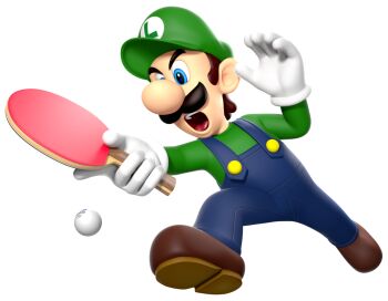 1boy 2016_summer_olympics 3d arms_up ball big_nose blue_eyes blue_overalls brown_hair brown_shoes buttons newsboy_cap clothes_writing facial_hair full_body gloves green_hat green_shirt hat highres holding holding_table_tennis_paddle jumping long_sleeves looking_down luigi male_focus mario_&amp;_sonic_(series) mario_&amp;_sonic_at_the_rio_2016_olympic_games mario_(series) mustache nintendo official_art olympic_rings olympics open_mouth outstretched_arm overalls paddle serious shirt shoes short_hair simple_background solo table_tennis table_tennis_ball table_tennis_paddle teeth third-party_source tongue transparent_background v-shaped_eyebrows white_gloves