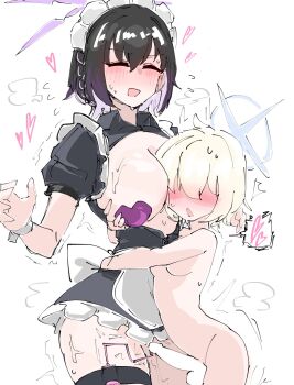 1futa 1girl arius_student_(blue_archive) bagaponchi black_dress black_hair blonde_hair blue_archive blue_halo blush breasts censored closed_mouth clothed_female_nude_female completely_nude dress erection futa_with_female futanari halo heart heart_pasties highres hug large_breasts maid maid_headdress medium_penis multiple_girls nude open_mouth pasties penis puffy_short_sleeves puffy_sleeves purple_hair purple_halo short_hair short_sleeves simple_background small_breasts spoken_heart subaru_(blue_archive) vibrator_in_thigh_strap white_background yuri