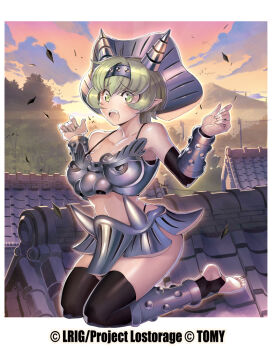 1girl black_thighhighs blush breasts cleavage clothing_request copyright_notice fangs green_eyes green_hair ishibashi_yosuke japanese_house looking_at_viewer medium_breasts medium_hair navel official_art onigawara_(wixoss) open_mouth outdoors pointy_ears solo teeth thighhighs toeless_legwear upper_teeth_only white_background wixoss