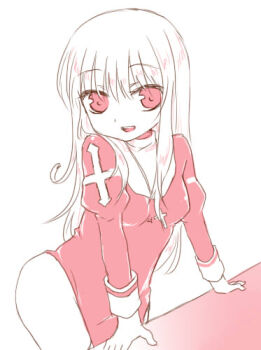 1girl breasts commentary_request cowboy_shot cross cross_necklace dress haruno_ichigo jewelry juliet_sleeves leaning_forward long_hair long_sleeves looking_at_viewer lowres medium_breasts monochrome necklace open_mouth pink_theme priest_(ragnarok_online) puffy_sleeves ragnarok_online simple_background smile solo