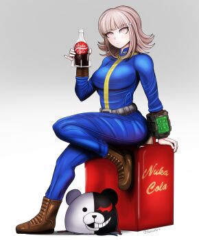 1girl blue_jumpsuit blunt_bangs breasts brown_hair brown_shoes commentary danganronpa_(series) danganronpa_2:_goodbye_despair english_commentary fallout gradient_background highres holding jumpsuit large_breasts looking_at_viewer medium_hair monokuma nanami_chiaki nuka-cola pink_eyes rancorart shoes sitting smile solo vault_suit