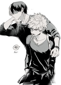 Rule 34 | 2boys, absurdres, anger vein, arm around shoulder, bakugou katsuki, boku no hero academia, burn scar, collarbone, commentary request, crew neck, depisx, facial scar, hands in pockets, head rest, highres, long sleeves, male focus, multicolored hair, multiple boys, open mouth, parted bangs, scar, scar on cheek, scar on face, shirt, short hair, speech bubble, spiked hair, split-color hair, spoken anger vein, todoroki shoto, watch, wristwatch