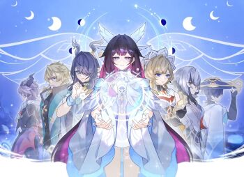 3boys 4girls antler_ornament antlers aqua_coat arlecchino_(genshin_impact) armor bare_shoulders black_bridal_gauntlets black_coat black_hair black_horns black_sleeves blonde_hair blue_background blue_eyes blue_halo blue_hat blue_sleeves blunt_bangs bodysuit bow bowtie breastplate bridal_gauntlets bright_pupils brooch center-flap_bangs closed_mouth coat colored_inner_hair columbina_(genshin_impact) commentary crescent_moon deer_antlers deer_girl detached_collar detached_sleeves dragon_boy dragon_horns dragon_wings dress durin_(genshin_impact) english_commentary eyelashes facing_to_the_side feathered_wings flower full_moon furisode gem genshin_impact glint gloves gold gold_ring hair_intakes hair_ornament hair_over_one_eye half_gloves halo halo_behind_head hand_up hands_up hat head_wings headdress horns japanese_armor japanese_clothes jewelry jingasa kimono kote kurokote large_bow lauma_(genshin_impact) layered_sleeves long_sleeves looking_at_viewer looking_to_the_side low_wings middle_ring moon moon_phases multicolored_hair multiple_boys multiple_girls multiple_wings neck_ring new_moon open_clothes open_coat open_hands own_hands_together pants petals pink_hair purple_eyes purple_hair purple_horns red_gem ribbon sandrone_(genshin_impact) scar scar_across_eye scar_on_face scaramouche_(genshin_impact) short_sleeves strapless strapless_dress streaked_hair swept_bangs symbol-shaped_pupils thigh_strap tsurime turtleneck turtleneck_bodysuit underbust varka_(genshin_impact) viviwi wanderer_(genshin_impact) white_bow white_bowtie white_coat white_dress white_flower white_gloves white_hair white_kimono white_pants white_petals white_pupils white_ribbon white_sleeves white_wings wing_collar wing_hair_ornament wings wrist_flower wrist_ribbon x-shaped_pupils