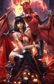 2girls armlet bikini black_bikini black_boots black_hair boots bracelet breasts closed_eyes collar colored_skin crossover dcwj demon_girl demon_horns demon_wings earrings gold_armlet gold_bracelet green_eyes highres horns jewelry looking_at_viewer medium_breasts multiple_girls navel o-ring pointy_ears purgatori purgatori_(series) red_bikini red_skin signature sitting standing swimsuit thigh_boots vampirella vampirella_(character) white_collar wings