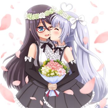 2girls ahoge assault_lily black_skirt blue_eyes bouquet commentary_request detached_sleeves flower funoki head_wreath heart heart_ahoge highres holding holding_bouquet kiss long_hair mashima_moyu miriam_hildegard_von_gropius multiple_girls petals pleated_skirt purple_hair red-framed_eyewear school_uniform shirt skirt twintails white_background white_shirt yuri yurigaoka_girls_academy_school_uniform