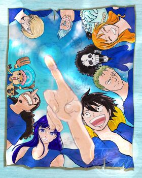 2girls 6+boys ^_^ afro antlers black_hair blonde_hair blue_hair blue_shirt brook_(one_piece) cigarette closed_eyes commentary_request cross facial_hair franky_(one_piece) goatee green_hair hair_over_one_eye hat hood horns jinbe_(one_piece) long_hair long_nose monkey_d._luffy multiple_boys multiple_girls mustache nami_(one_piece) nico_robin one_piece open_mouth orange_hair pointing pompadour ponytail reindeer_antlers roronoa_zoro s_hirokujira sanji_(one_piece) scar scar_across_eye scar_on_face shirt short_hair smile straw_hat straw_hat_pirates tony_tony_chopper usopp watermark