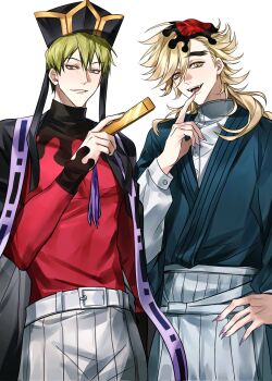 Rule 34 | 2boys, black hair, blonde hair, colored tips, commentary, cosplay, costume switch, cowboy shot, crossover, douma (kimetsu no yaiba), fangs, finger to mouth, fingernails, green hair, hair between eyes, hand fan, high collar, highres, holding, holding fan, japanese clothes, jujutsu kaisen, kimetsu no yaiba, long hair, long sleeves, looking at viewer, male focus, multicolored eyes, multicolored hair, multiple boys, patterned hair, purple nails, rainbow eyes, sharp fingernails, streaked hair, symbol-only commentary, teeth, text in eyes, tongue, two-tone hair, xingkon818, zen'in naoya