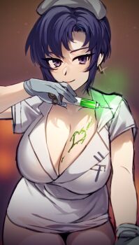 1girl alternate_costume blue_hair breast_pocket breasts cleavage commission cowboy_shot dress dripping earrings fire_emblem fire_emblem:_the_blazing_blade gloves halloween hat highres holding holding_syringe jewelry large_breasts lips looking_at_viewer maitei_roppa mature_female nintendo nurse nurse_cap pixiv_commission pocket purple_eyes short_dress short_hair simple_background smile solo syringe ursula_(fire_emblem)