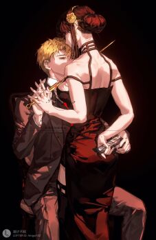 1boy 1girl absurdres arm_behind_back black_background black_boots black_dress black_hair blonde_hair boots breasts chaoxibumian collared_shirt commentary dagger dress earrings feet_out_of_frame flower formal_clothes gold_hairband gun hair_between_eyes hair_bun hair_flower hair_ornament hairband handgun highres holding holding_gun holding_hands holding_weapon interlocked_fingers jacket jewelry knife large_breasts long_hair necktie red_necktie shirt short_hair sidelocks sitting spy_x_family stiletto_(weapon) suit suit_jacket thigh_boots twilight_(spy_x_family) updo weapon white_shirt yor_briar