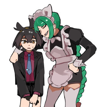 Rule 34 | 1boy, 1girl, apron, arm around shoulder, black shorts, blue necktie, bow, bowtie, braid, braided ponytail, commentary request, crossed bangs, fpwgfnrixm35508, gloves, hairband, hand on another's shoulder, highres, jacket, juliet sleeves, kieran (pokemon), lebanne (pokemon), long braid, long sleeves, looking at another, maid apron, mole, mole on neck, necktie, nervous sweating, nintendo, pokemon, pokemon legends: z-a, pokemon sv, puffy sleeves, shorts, single glove, smile, suit jacket, sweat, white bow, white bowtie, yellow hairband