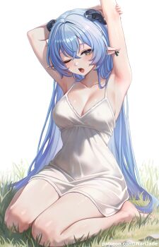 1girl animal_ears armpits arms_up bare_legs barefoot blue_hair blush breasts camisole cleavage collarbone commentary english_commentary feet goat_ears goat_girl goat_horns green_eyes highres horizontal_pupils horns legs long_hair looking_at_viewer lucia_elowen medium_breasts narijade on_grass one_eye_closed open_mouth pointy_ears simple_background sitting solo toes wariza white_background white_camisole zenless_zone_zero