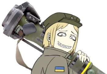 Rule 34 | 1girl, blonde hair, fingernails, holding, holding weapon, jacket, limestone (artist), looking at viewer, looking back, marichka, military, military uniform, non-web source, original, russo-ukrainian war, sharp teeth, short hair, smile, solo, teeth, ukrainian flag, upper body, weapon, white background