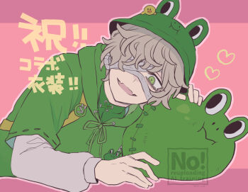 1boy bandage_over_one_eye blonde_hair bucket_hat d3neko fangs florian_brand florian_brand_(leonard) frog frog_hat green_eyes hat identity_v layered_sleeves long_sleeves looking_at_viewer lying male_focus on_side pink_background puffy_sleeves shirt short_over_long_sleeves short_sleeves skin_fangs solo translation_request watermark wavy_hair white_shirt