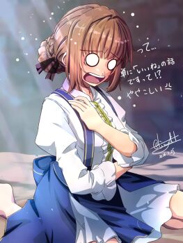 1girl antenna_hair back_bow blank_eyes blue_bow blurry blurry_background blush bow braid brown_hair bun_with_braided_base commentary_request dated dress duvalie eiyuu_densetsu embarrassed hair_between_eyes hair_bun hair_intakes hair_ribbon heart highres light_rays long_sleeves looking_at_viewer no_pupils on_bed open_mouth puffy_long_sleeves puffy_sleeves ribbon sen_no_kiseki sen_no_kiseki_(series) sen_no_kiseki_iv short_hair signature single_hair_bun sitting solo sunbeam sunlight sweatdrop tinybiard translation_request twitter_username
